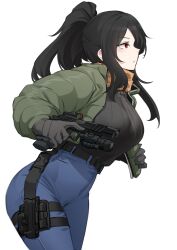  1girl absurdres bandit-chan_(k0ng) belt black_belt black_sweater breasts denim flashlight frown gloves green_jacket grey_gloves gun handgun high_ponytail highres holding holding_gun holding_weapon holster jacket jeans k0ng large_breasts long_hair m1911 open_clothes open_jacket original pants ponytail red_eyes reflex_sight scarf sidelocks solo sweater sweater_tucked_in thigh_holster weapon yellow_scarf 