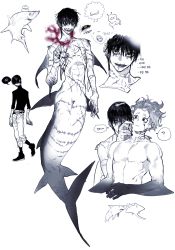  2boys ? annoyed bags_under_eyes black_hair black_nails black_sclera black_sweater blood colored_sclera completely_nude dorsal_fin ear_piercing earrings facial_mark fins full_body gills grin highres jewelry korean_text looking_at_another looking_at_viewer male_focus manta_ray merman monochrome monster_boy multiple_boys multiple_earrings multiple_views nail_polish nude original piercing pigeon666 scar scar_across_eye scar_on_arm scar_on_chest scar_on_face scar_on_hand scar_on_mouth scar_on_neck scar_on_stomach shark shark_boy shark_fin sharp_teeth short_hair sleeves_pushed_up slit_pupils smile spoken_squiggle squiggle sweater teeth thought_bubble too_many too_many_scars turtleneck turtleneck_sweater upper_body yellow_eyes  rating:Sensitive score:6 user:danbooru