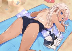  10s 1girl ass bare_back blue_eyes breast_press breasts flower hair_flower hair_ornament hoshimiya_nazuna kantai_collection long_hair lying one-piece_swimsuit one-piece_tan open_mouth ro-500_(kancolle) sand school_swimsuit school_uniform seashell shell slippers solo suggestive_fluid sweat swimsuit tan tanline wet 