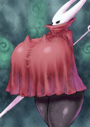 1boy 1girl 2b-ge between_breasts black_skin blush breasts colored_skin curvy dress eyelashes furry furry_female gigantic_breasts hollow_knight hornet_(hollow_knight) horns knight_(hollow_knight) no_humans person_between_breasts red_dress shiny_skin size_difference standing sword weapon 