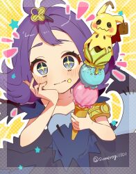  +_+ 1girl acerola_(pokemon) armlet blush closed_mouth commentary_request creatures_(company) dress eyelashes food food_on_face game_freak gen_7_pokemon grey_eyes hair_ornament hairclip highres holding ice_cream ice_cream_cone looking_at_viewer mimikyu nintendo pokemon pokemon_sm star_(symbol) sumeragi1101 topknot torn_clothes torn_dress twitter_username yellow_background 