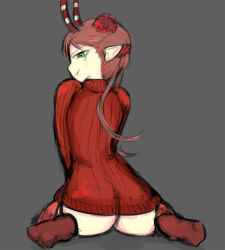  10s 1girl :t antlers ass bottomless brown_hair c_(control) drawfag duckbro flower from_behind green_eyes hair_flower hair_ornament horns mashu mashu_(control) naked_sweater non-web_source pointy_ears red_eyes ribbed_sweater simple_background sitting socks solo sweater wariza 
