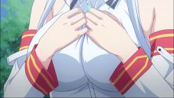 1girl animated animated_gif bouncing_breasts breasts chidorigafuchi_aine cleavage clothes huge_breasts long_hair masou_gakuen_hxh solo undressing white_hair rating:Questionable score:92 user:von_karma