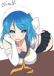 10s 1girl blue_eyes blue_hair blush breast_rest breasts breasts_on_table cleavage collarbone double_bun elbow_gloves elbow_rest gloves gradient_hair hair_bun hand_on_own_hip hand_on_own_thigh hat head_rest highres inu3li kantai_collection large_breasts matching_hair/eyes multicolored_hair neckerchief pleated_skirt sailor_hat school_uniform serafuku sketch skirt sleeves_rolled_up smile solo table twitter_username urakaze_(kancolle) white_gloves white_hat