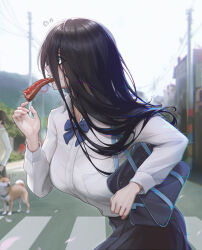 !? 1girl bag black_eyes black_hair black_skirt blue_bow blue_bowtie bow bowtie bra bralines bread_slice breasts collared_shirt crosswalk digital_dissolve dress_shirt food food_in_mouth from_side hair_between_eyes highres houkago_shounen jam lamppost large_breasts late_for_school long_hair long_sleeves mouth_hold original outdoors pleated_skirt road running school_bag school_uniform see-through shiba_inu shirt skirt solo_focus street sweat teeth toast toast_in_mouth underwear upper_teeth_only white_bra white_shirt wing_collar rating:Sensitive score:35 user:danbooru