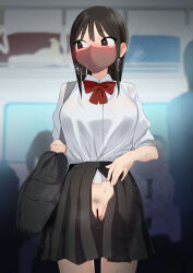  1girl absurdres averting_eyes bag bar_censor black_eyes black_hair black_skirt blush bow bowtie breasts brown_mask censored collared_shirt cowboy_shot crowd dress_shirt ear_blush exhibitionism female_pubic_hair gluteal_fold grey_bag highres long_sleeves looking_to_the_side mask medium_breasts miniskirt mouth_mask no_panties nose_blush open_clothes open_skirt original pleated_skirt pubic_hair public_indecency pussy raenoreto red_bow red_bowtie school_bag school_uniform shirt shirt_tucked_in skirt sleeves_pushed_up sweat taut_clothes taut_shirt train_interior white_shirt wing_collar 
