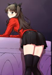1girl ass black_bow black_skirt black_thighhighs bow brown_hair closed_mouth fate/stay_night fate_(series) female_focus from_behind grey_eyes hair_bow highres itou_yuuji leaning_forward legs_together long_hair long_sleeves looking_at_viewer looking_back miniskirt pleated_skirt red_shirt shirt skirt solo thighhighs tohsaka_rin two_side_up zettai_ryouiki rating:Sensitive score:65 user:danbooru