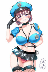  1girl ai-chan_(tawawa) artist_name black_collar black_gloves blue_eyes blue_hat blush braid breasts brown_hair cleavage clenched_teeth collar commentary_request fishnet_thighhighs fishnets getsuyoubi_no_tawawa gloves hat highres large_breasts long_hair looking_at_viewer navel okuri_banto panties police police_hat police_uniform policewoman red_panties short_hair simple_background solo teeth thighhighs thighs underwear uniform white_background 