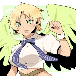  1girl :o absurdres artist_request bad_link blonde_hair blue_bow bow breasts clenched_hand drawfag earrings green_eyes green_wings hand_up highres hoop_earrings jewelry looking_at_viewer manuela_(maou_no_ore_ga) maou_no_ore_ga_dorei_elf_wo_yome_ni_shitanda_ga_dou_medereba_ii? medium_breasts parted_bangs puffy_short_sleeves puffy_sleeves shirt short_hair short_sleeves solo upper_body white_shirt white_wristband wings 