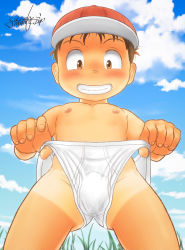  1boy absurdres brown_hair bulge copyright_request hat highres male_focus momotarou_chitose nipples outdoors public_indecency shota smile solo tagme tan tanline teeth topless_male underwear  rating:Questionable score:48 user:harucho