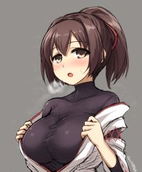 10s 1girl blush breasts breath brown_eyes brown_hair don_(29219) female_focus grey_background hair_ribbon ise_(kancolle) japanese_clothes kantai_collection large_breasts nontraditional_miko open_mouth ponytail ribbon simple_background skin_tight solo steam sweat taut_clothes undershirt undressing rating:Questionable score:16 user:danbooru