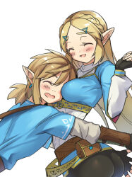  1boy 1girl ^_^ ass between_breasts black_pants blonde_hair blue_tunic blush bracer braid breasts champion&#039;s_tunic_(zelda) closed_eyes commentary_request crown_braid earrings face_between_breasts fanny_pack fingerless_gloves glomp gloves hair_ornament hairclip hand_up head_between_breasts hug jewelry link long_hair long_sleeves medium_breasts monbetsu_kuniharu nintendo pants pointy_ears ponytail princess_zelda shoulder_belt simple_background smile the_legend_of_zelda the_legend_of_zelda:_breath_of_the_wild thick_eyebrows tight_clothes tight_pants twitter_username upper_body white_background 