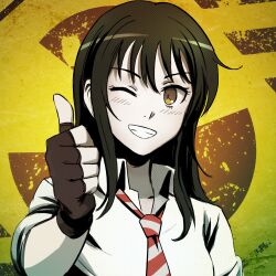  1girl absurdres black_hair brown_eyes commentary commission coppelion english_commentary fingerless_gloves gloves grin highres long_hair looking_at_viewer naruse_ibara necktie one_eye_closed qosic radiation_symbol red_necktie school_uniform second-party_source shirt sleeves_rolled_up smile solo striped_necktie thumbs_up upper_body white_shirt yellow_background 