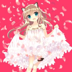  1girl :d animal_ears aqua_eyes bad_id bad_pixiv_id bare_legs bare_shoulders blonde_hair cat_ears cat_tail dress frills long_hair natsukawa_sarasa open_mouth original petals simple_background skirt_hold smile solo tail 
