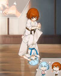  +++ 1boy 1girl absurdres barefoot belt blue_belt blue_hair blush bright_pupils brown_belt chinese_commentary closed_eyes commentary_request crossed_arms dougi feet highres indoors jewelry kuma-bound martial_arts_belt medium_hair necklace original pants pout puff_of_air red_eyes red_hair smile soles standing teeth tickling toes wavy_mouth white_pants white_pupils  rating:Sensitive score:3 user:danbooru