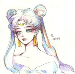 1girl akame_(chokydaum) bare_shoulders bishoujo_senshi_sailor_moon bishoujo_senshi_sailor_moon_(first_season) blue_eyes chokydaum circlet colored_pencil_(medium) crescent crescent_facial_mark crescent_moon earrings facial_mark jewelry long_hair moon parted_lips queen_serenity solo traditional_media twintails upper_body white_hair