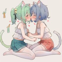  2girls animal_ear_fluff animal_ears bell blue_hair blush brown_eyes camisole cat_ears cat_girl cat_tail commentary eye_contact face-to-face female_focus french_kiss green_hair green_skirt hair_bell hair_ornament heart jingle_bell kiss loli long_hair looking_at_another md5_mismatch miniskirt multiple_girls no_shoes orange_skirt original pleated_skirt ponytail ribbon sa_ka_(sakanoya) short_hair sitting skirt tail thighhighs thighs tongue tongue_out webp-to-png_conversion white_camisole white_thighhighs yuri zettai_ryouiki  rating:Questionable score:118 user:WinDGo