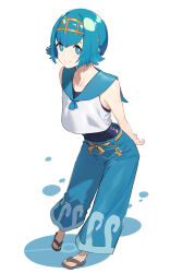  1girl absurdres arm_behind_back blue_eyes blue_hair blue_pants blue_sailor_collar bright_pupils closed_mouth commentary_request creatures_(company) feet game_freak gold_hairband hair_between_eyes hairband highres lana_(pokemon) leaning_forward looking_at_viewer nintendo pants pokemon pokemon_(anime) pokemon_sm_(anime) reiga_(act000) sailor_collar sandals shirt short_hair sleeveless sleeveless_shirt smile solo standing toes white_background white_pupils white_shirt  rating:General score:10 user:danbooru