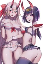 2girls alcohol arched_back ass bikini bikini_skirt blunt_bangs blush breasts cleavage cup fate/grand_order fate_(series) hair_between_eyes hair_ornament hair_ribbon highres holding holding_cup horns jewelry large_breasts long_hair looking_at_viewer microskirt multiple_girls oni open_mouth purple_bikini purple_eyes purple_hair purple_legwear rahato red_eyes red_ribbon ribbon sakazuki sake shiny_skin short_hair shuten_douji_(fate) silver_hair simple_background skin-covered_horns skirt small_breasts smile standing swimsuit thighhighs thong tomoe_gozen_(fate) white_background white_skirt rating:Sensitive score:33 user:danbooru