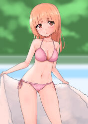  1girl absurdres bikini breasts brown_eyes bush cleavage contrapposto feet_out_of_frame highres holding holding_towel long_hair looking_at_viewer medium_breasts orange_hair original pink_bikini quel solo standing swimsuit towel white_towel 