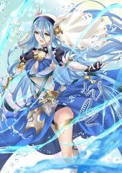  1girl armor armored_dress azura_(fire_emblem) azura_(song&#039;s_reflection)_(fire_emblem) black_gloves blue_hair commentary_request dress fingerless_gloves fire_emblem fire_emblem_fates fire_emblem_heroes floating_hair gloves hair_between_eyes hand_on_own_chest highres hydrokinesis jewelry kakiko210 long_hair long_sleeves necklace nintendo official_alternate_costume open_mouth smile solo veil very_long_hair water yellow_eyes 