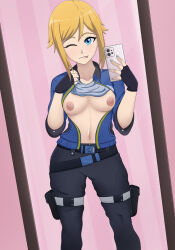  1girl ;p black_gloves black_pants blonde_hair blue_eyes blue_jacket breasts breasts_out cellphone clothes_lift collarbone contrapposto female_pov fingerless_gloves gloves grey_shirt hayley_travis highres holding holding_phone jacket legendary_pictures looking_at_viewer medium_breasts mirror navel netflix nipples no_bra nude one_eye_closed open_clothes pacific_rim pacific_rim:_the_black pants phone pov selfie setrakian_draws shirt shirt_lift sidelocks signature smartphone smile solo standing taking_picture tongue tongue_out unzipped warner_bros watermark 