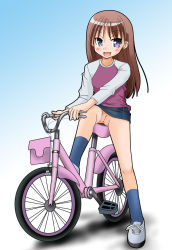  1girl anus bicycle blue_eyes blush brown_hair clothes_lift exhibitionism fang female_focus loli long_hair looking_at_viewer no_panties open_mouth original public_indecency pussy shoes skirt skirt_lift smile socks solo source_request uncensored yomekazuo  rating:Explicit score:80 user:lkjh098