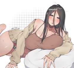 1girl ahoge arm_support black_hair blush breasts character_request collarbone commentary_request copyright_request covered_erect_nipples feet_out_of_frame hair_between_eyes half-closed_eyes highres large_breasts long_sleeves looking_at_viewer messy_hair muroku_(aimichiyo0526) no_nose off_shoulder open_mouth panties plump solo spaghetti_strap straight_hair sweat sweater thick_thighs thighs twitter_username underwear white_background rating:Questionable score:57 user:danbooru