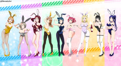 6+girls absurdres ahoge arms_behind_back artist_name ass back bare_shoulders bespectacled black_bow black_hair blonde_hair blue_bow blue_eyes blue_hair blush bottle bow braid breasts brown_eyes brown_hair cleavage closed_mouth clover_hair_ornament covered_navel crossed_arms cup dorsalec drinking_glass elbow_gloves glass glasses gloves green_eyes grey_bow grey_hair grin hair_bow hair_bun hair_ornament hair_rings hand_on_own_hip high_heels highres holding holding_glass holding_wine_glass kunikida_hanamaru kurosawa_dia kurosawa_ruby large_breasts leaning_forward leotard long_hair looking_at_viewer looking_over_eyewear love_live! love_live!_sunshine!! matsuura_kanan medium_breasts medium_hair mole mole_under_mouth multicolored_background multiple_girls ohara_mari one_eye_closed open_mouth orange_hair parted_lips pink_bow playboy_bunny ponytail purple_eyes rabbit_ears rabbit_tail red_bow red_eyes red_hair sakurauchi_riko salute short_hair sideboob small_breasts smile standing takami_chika teeth thighhighs tsushima_yoshiko twintails watanabe_you wine_bottle wine_glass wink yellow_bow yellow_eyes 