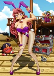  1girl absurdres animal_costume animal_ears bandana bandinero breasts cannon captain_syrup cleavage coin colorized day edwardsdigitalstudio embarrassed eyeshadow facial_hair fat fat_man gold_coin grin hat highres legs leotard lipstick long_hair looking_at_viewer makeup mario_(series) mustache nevarkun nintendo open_mouth pantyhose pink_hair pirate playboy_bunny rabbit_ears rabbit_tail ship skull smile tail treasure treasure_chest wario wario_land wario_land:_shake_it! watercraft  rating:Questionable score:12 user:piejo66
