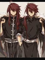  2boys aaron_wei ahoge black_cape black_shirt black_sleeves cape chinese_clothes chinese_commentary closed_mouth collared_shirt commentary_request cowboy_shot dual_persona eiyuu_densetsu freeze_rin fur-trimmed_cape fur_trim grey_background grey_pants hair_between_eyes hair_move hair_over_shoulder hand_in_pocket hand_on_another&#039;s_hip high_collar highres holding holding_cape holding_clothes kuro_no_kiseki letterboxed long_hair long_sleeves looking_at_viewer low_ponytail male_focus multiple_boys pants red_hair shirt simple_background sleeves_past_elbows smile yellow_eyes 