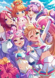  5girls :d ;d artist_name blonde_hair blue_eyes blue_hair blue_sky bow_skirt choker closed_mouth cloud cloudy_sky commentary_request cropped_shirt cure_coral cure_flamingo cure_la_mer cure_papaya cure_summer day doroshii earrings elbow_gloves feather_hair_ornament feathers fingerless_gloves flower gloves gradient_hair green_eyes hair_between_eyes hair_flower hair_ornament hair_ribbon hand_on_own_face hat hibiscus holding_hands ichinose_minori jewelry kururun_(precure) laura_la_mer long_hair long_sleeves looking_at_viewer low_twintails magical_girl midriff miniskirt multicolored_clothes multicolored_hair multicolored_shirt multicolored_skirt multiple_girls natsuumi_manatsu neckerchief off-shoulder_shirt off_shoulder one_eye_closed open_mouth orange_hair outdoors partial_commentary pearl_hair_ornament pink_eyes pink_hair pink_sailor_collar pleated_skirt pouch precure purple_eyes purple_hair red_hair ribbon sailor_collar sailor_hat shell_brooch shirt side_ponytail signature skirt sky sleeveless sleeveless_shirt smile standing suzumura_sango takizawa_asuka tropical-rouge!_precure twintails twitter_username very_long_hair white_choker white_gloves white_hair white_neckerchief white_ribbon white_shirt white_skirt yellow_eyes 