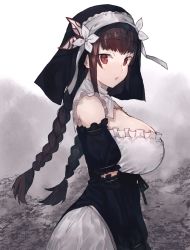 1girl bad_id bad_pixiv_id black_dress bow braid breasts brown_hair collarbone commentary_request detached_collar detached_sleeves dress frills from_side habit hair_ornament hair_tie large_breasts long_hair looking_at_viewer nun open_mouth own_hands_together rabiane_(sinisistar) red_eyes sidelocks simple_background sinisistar solo standing suminagashi twin_braids upper_body rating:Sensitive score:15 user:danbooru