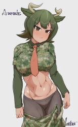  1girl :/ animal_ears arms_at_sides artist_name aurochs_(kemono_friends) blush breasts brown_eyes brown_hair camouflage camouflage_shirt character_name closed_mouth collared_shirt colored_tips cow_ears cow_horns cowboy_shot cropped_shirt double-parted_bangs empty_eyes eyelashes green_hair head_tilt highres horizontal_pupils horns kemono_friends kyonin_dofu large_breasts layered_sleeves long_sleeves looking_at_viewer medium_hair midriff multicolored_hair navel necktie pantyhose red_necktie shiny_skin shirt short_over_long_sleeves short_sleeves skirt solo stomach tan toned undressing v-shaped_eyebrows wing_collar 