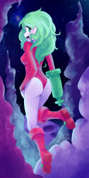  1girl arm_cannon ass boots breasts cloud colored_skin floating from_behind green_eyes green_hair gun happy highleg highleg_leotard justin_bailey knee_boots leotard long_hair looking_at_viewer looking_back medium_breasts metroid metroid_(classic) moon nintendo open_mouth parapatter pink_skin red_leotard samus_aran sky smile solo star_(sky) starry_sky teeth upper_teeth_only weapon 