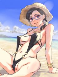  1girl beach black_hair blue_eyes blurry blurry_background breasts cleavage colorized earrings gold_bracelet gold_necklace hat jewelry large_breasts looking_at_viewer necklace original ponytail shiwasu_no_okina smile solo spread_legs straw_hat sunglasses swimsuit tagme 