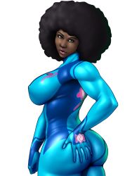  1girl afro alternate_hair_color alternate_skin_color ass ass_grab big_hair black_hair blue_bodysuit bodysuit breasts commentary cowboy_shot curvy dark_skin dark-skinned_female english_commentary covered_erect_nipples green_eyes hand_on_own_ass highres large_breasts lips lipstick looking_back makeup metroid nikcesco nintendo nose pink_lips samus_aran skin_tight solo toned transparent_background very_dark_skin zero_suit 