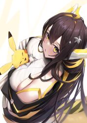  1girl :o absurdres bare_shoulders black_hair blonde_hair blush breasts creatures_(company) eel_girl electricity from_above game_freak gen_1_pokemon headgear highres hug idol_corp juna_unagi large_breasts long_hair looking_at_viewer looking_up multicolored_hair nintendo parted_lips pikachu pokemon pokemon_(creature) skai_kun smile streaked_hair trait_connection virtual_youtuber yellow_eyes 