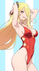  1girl armpits arms_behind_head arms_up asairosora bare_shoulders blonde_hair blush breasts covered_navel cowboy_shot creatures_(company) cynthia_(pokemon) game_freak groin hair_ornament hair_over_one_eye highleg highleg_one-piece_swimsuit highleg_swimsuit highres light_blush long_hair looking_at_viewer medium_breasts nintendo one-piece_swimsuit open_mouth pokemon red_one-piece_swimsuit skindentation smile solo standing swimsuit three_quarter_view very_long_hair yellow_eyes 