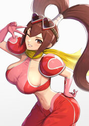  1girl breasts brown_eyes brown_hair f-zero gonzarez hand_on_own_hip highres large_breasts legs looking_at_viewer midriff navel nintendo one_eye_closed princia_ramode sideboob smile solo thighs twintails v wink  rating:Sensitive score:16 user:spk