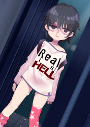  1girl after_rape backpack bag bags_under_eyes black_eyes black_hair blood bruise bruise_on_face bruised_eye clothes_writing collarbone cum cum_in_pussy cumdrip disheveled empty_eyes expressionless flat_chest highres indoors injury loli lolicom long_sleeves looking_at_viewer loose_thighhigh nosebleed open_mouth original parted_lips pink_thighhighs print_thighhighs shirt short_hair solo standing star_(symbol) star_print thighhighs uneven_eyes 