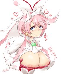  animal_ears areola_slip blue_eyes bracelet breasts dress earrings elphelt_valentine guilty_gear guilty_gear_xrd guilty_gear_xrd:_revelator hand_on_own_chest heart highres huge_breasts jewelry large_breasts looking_at_viewer nipple_slip nipples pink_hair rabbit_ears simple_background smile spiked_bracelet spikes tagme translation_request wedding_dress white_background  rating:Questionable score:39 user:PurpleDelinquent