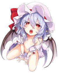  1girl bat_wings blue_hair blush bottomless collarbone eyebrows fangs full_body hair_between_eyes hat kedama_milk loli looking_at_viewer mob_cap naked_shirt no_bra no_panties no_pussy open_mouth oral_invitation pointy_ears red_eyes remilia_scarlet shirt simple_background sitting solo team_shanghai_alice touhou uvula v_arms vampire wariza white_background wings wrist_cuffs  rating:Questionable score:119 user:danbooru