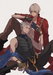  2boys belt_bra bishounen blue_coat blue_eyes book brothers closed_eyes closed_mouth coat dante_(devil_may_cry) devil_may_cry devil_may_cry_(series) devil_may_cry_3 fingerless_gloves gloves hair_slicked_back highres holding holding_weapon katana male_focus multiple_boys red_coat siblings simple_background sitting sleeping sword tanukiono twins vergil_(devil_may_cry) weapon white_hair yamato_(sword) 