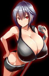 1girl bad_id bad_twitter_id black_background breasts cleavage highres huge_breasts inactive_account kloah looking_at_viewer microphone midriff miniskirt red_eyes short_hair simple_background skirt solo rating:Questionable score:71 user:danbooru