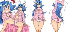  1990s_(style) 1girl ^^^ alternate_color alternate_hairstyle ass bed bed_sheet blue_eyes blue_hair blush bow bow_panties breasts clair_(pokemon) cleavage clenched_teeth creatures_(company) drooling embarrassed empty_eyes game_freak gym_leader heart kitsune-tsuki_(getter) large_breasts long_hair midriff multiple_views navel nintendo no_bra no_panties no_pants open_clothes open_mouth open_shirt pajamas panties pants pink_pajamas pink_panties plump pokemon pokemon_gsc pokemon_hgss print_panties retro_artstyle saliva shirt simple_background sitting sleepy spread_legs stretching surprised teeth thigh_gap thighs underwear waking_up white_background  rating:Questionable score:150 user:danbooru