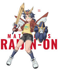  1girl belt black_shorts blue_hair blue_socks character_name child chinese_commentary clenched_teeth clothes_writing commentary_request copyright_name cropped_jacket green_eyes highres holding holding_shield holding_sword holding_weapon humanization jinri_shijie raijin-oo shield shirt shoes shorts sneakers socks solo sword teeth weapon white_footwear yellow_shirt zettai_muteki_raijin-oo 