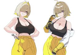  1977_oj3 absurdres ahoge bare_shoulders black_gloves black_shirt blonde_hair breasts cleavage clothes_around_waist collarbone crop_top elegg_(nikke) gloves gluteal_fold goddess_of_victory:_nikke grin hair_intakes hair_over_eyes highres holding jacket jacket_around_waist large_breasts long_bangs looking_at_viewer multicolored_hair multiple_views navel pants purple_eyes shirt short_hair simple_background smile thigh_gap two-tone_hair wrench yellow_gloves yellow_pants 