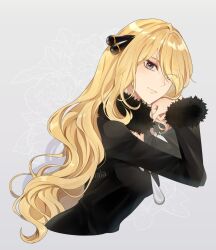  1girl black_coat blonde_hair breasts coat commentary creatures_(company) cropped_torso cynthia_(pokemon) floral_background from_side fur-trimmed_coat fur_collar fur_trim game_freak grey_eyes hair_ornament hair_over_one_eye highres light_smile long_hair looking_at_viewer medium_breasts nintendo pokemon pokemon_dppt sakaralalala solo twitter_username upper_body wavy_hair 