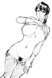 1girl artist_request bare_legs black_hair black_theme bleach blush breasts clothes_pull curvy female_pubic_hair highres large_breasts long_hair looking_at_viewer monochrome nipples no_bra pants pants_pull ponytail pubic_hair simple_background solo thick_thighs thighs unagiya_ikumi upper_body white_background rating:Explicit score:78 user:fakyuh